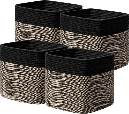 joybest 13x13x13inch Cube Storage Bins Set of 4, Cotton Rope Woven Organizer Basket for Shelves, Cube Bin Square Shelves Organizer Closet Storage, Nursery, Toy Organization, Black&Dark Brown