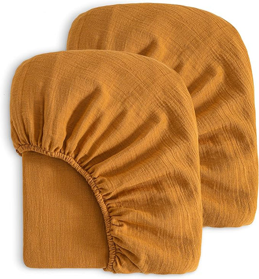 NTBAY 2 Pack Muslin Cotton Mini Crib Sheets, Soft and Breathable Double Layer 24x38 Baby Crib Sheets for Mini Crib and Toddler Mattresses, Boys, Girls, Unisex, Golden Brown, 24x38 Inches