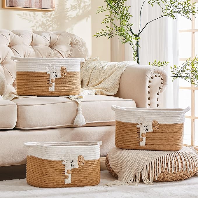 BUBUSUN Storage Bins Woven Baskets for Storage Set of 3, Cotton Rope Basket with Handles for Toys/Shelves/Laundry, Rectangle Multi-Purpose Organizer for Living Room, Bedroom, Nursery (Giraffe)