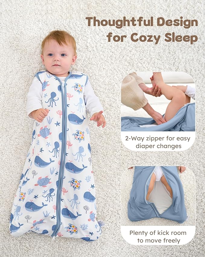 Rayon Made from Bamboo Baby Sleep Sack 6-12 Months, 1.0 Tog Baby Wearable Blanket, Soft Sleeping Bag for Newborn Infant Babies with 2-Way Zipper 2 Pack (Medium) Blue Whale
