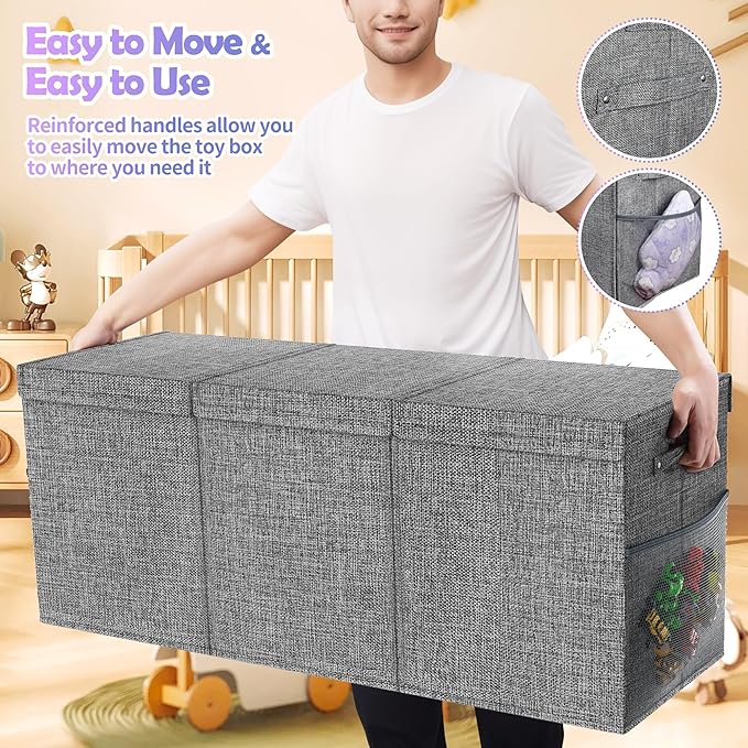 Mabahoo Extra Large Toy Box Chest with Lids, Collapsible Sturdy Kids Toy Storage Organizer Boxes for Boys Girls, 40"x14"x16", Toybox Storage Bins Basket for Living Room, Bedroom, Nursery, Gray