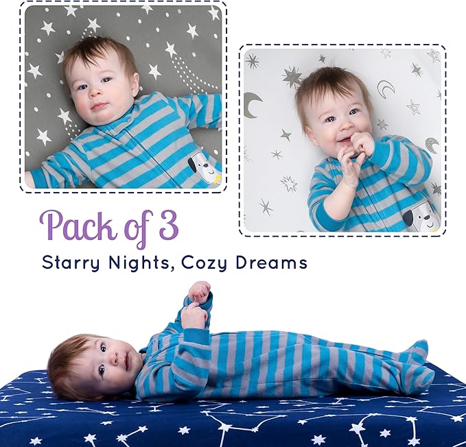 GROW WILD Pack n Play, Mini Crib Sheets 3-Pack | Soft Jersey Sheet Set for Boys or Girls | Playard Mattress, Pack and Play Sheets Fitted | Portable Bassinet Sheet - Stars & Moon Nursery Bedding