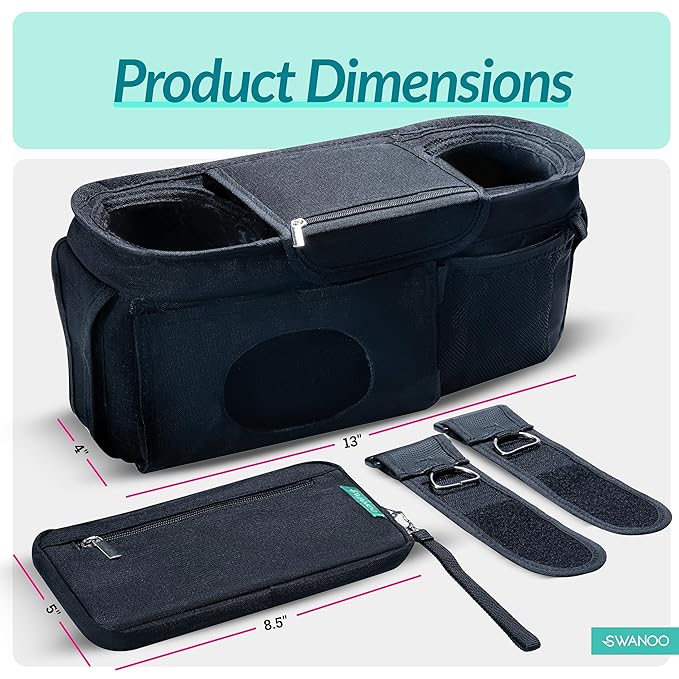 Swanoo Stroller Caddy Organizer With Cup Holder, Non Slip Straps Bag for Phone, Pet Stroller Accessories, Universal Fits Uppababby Vista v2 Wonderfold Wagon, Doona and More