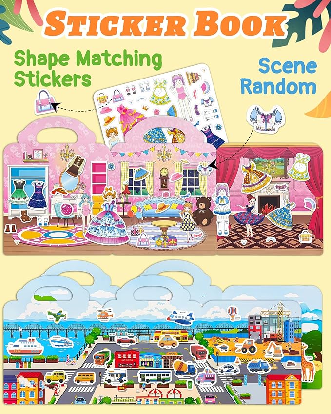 Benresive Reusable Sticker Books for Toddlers, 3 Sets Travel Stickers for Kids, Toddler Sticker Book, Crafts Activities for Toddlers, 3 and Up Birthday Gifts Travel Toys