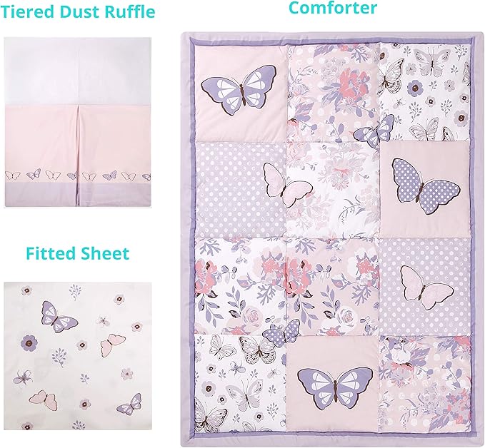 La Premura 3-Piece Purple Butterfly Baby Crib Bedding Set for Girls, Lilac Standard Size Crib Set for Baby Girl, Comforter, Fitted Sheet, and Dust Ruffle Skirt, Baby Nursery Floral Design for Girls