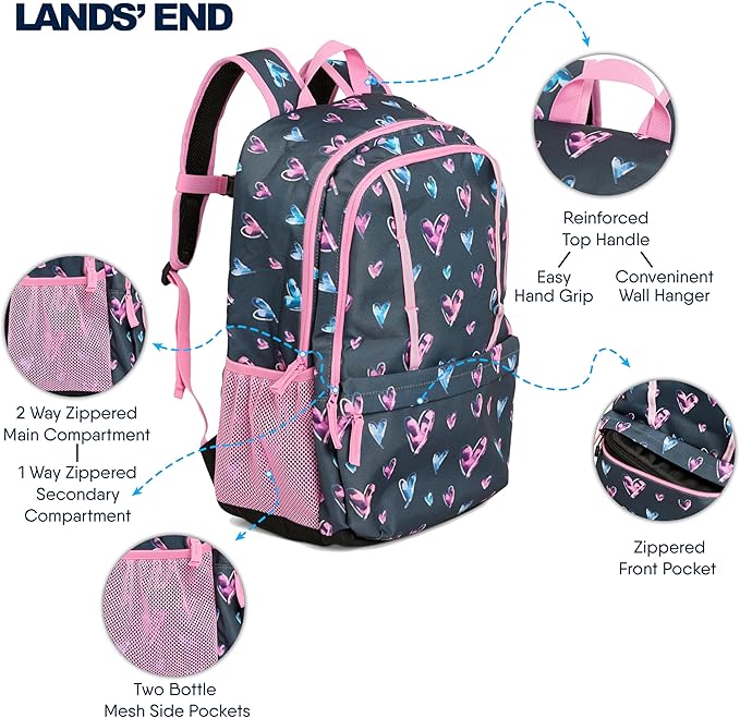 Lands' End Unisex Kids Large ClassMate Lightweight Durable Elementary School Backpack, Hot Pink