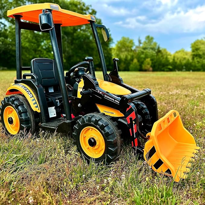 Kidsera 24V Ride on Tractor with Front Loader, Ride On Excavator with 24volt Dual Motors 4-Gearbox Metal Frame Kids Electric Vehicles 24V Power Wheels 24v Ride on Toys for Big Kids (Yellow)
