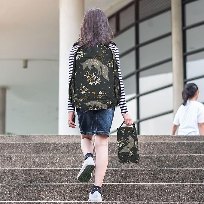 Jucciaco Magical Fox Stars Moons Boho Backpack with Lunch Bag, School Backpack for Teens Boys Girls Kids Travel Backpacks Set