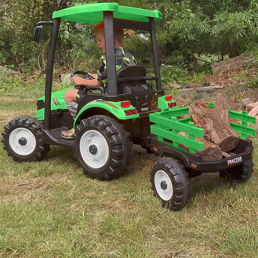 Kidsera 24V Ride on Tractor with Trailer, 4-Gearbox 24volt Dual Motors Metal Frame Battery Powered Electric Tractor Kids Electric Vehicles Power Wheels 24v Ride on Toys for Big Kids (Green)