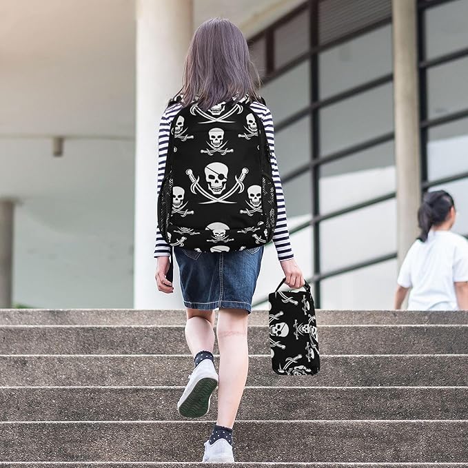 Jucciaco Pirate Skull Backpack with Lunch Bag, School Travel Backpack for Boys Girls Kids Backpacks Set