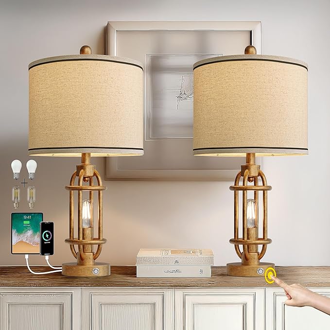 G-SAFAVA 23.75'' Table Lamps Set of 2 for Living Room Bedroom Industrial Farmhouse Metal Touch Lamps with USB A+C Ports, Night Light Vintage Nightstand Bedside Lamp, Bulbs Included, Antique Gold