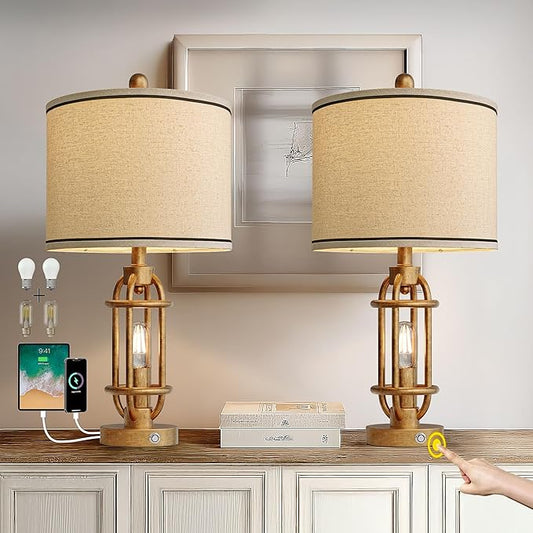 G-SAFAVA 23.75'' Table Lamps Set of 2 for Living Room Bedroom Industrial Farmhouse Metal Touch Lamps with USB A+C Ports, Night Light Vintage Nightstand Bedside Lamp, Bulbs Included, Antique Gold