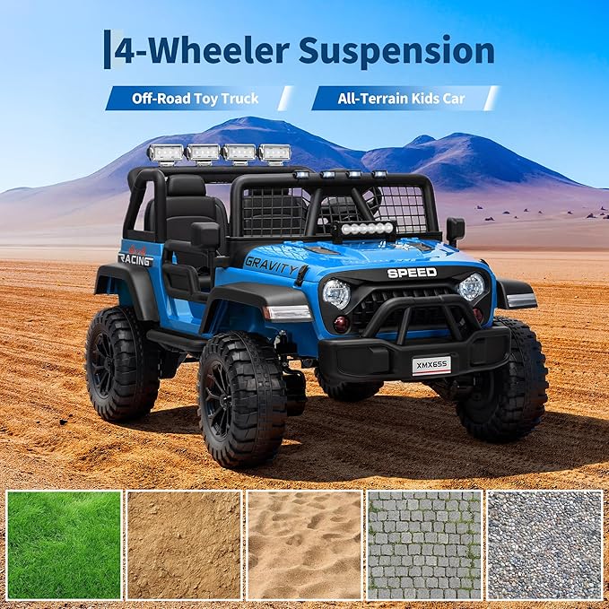 24V 2-Seater Kids Electric Truck with Parent Remote Control, 100Min Ride-on Car, 4WD Dual Motor, 2 Speeds, Spring Shock Absorber, LED Headlights, Siblings Gift Kids Electric Vehicle, Blue