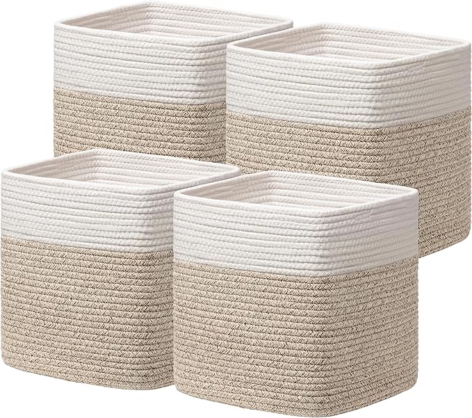 joybest 13x13x13inch Cube Storage Bins Set of 4, Cotton Rope Woven Organizer Basket for Shelves, Cube Bin Square Shelves Organizer Closet Storage, Nursery, Toy Organization, Brown&White