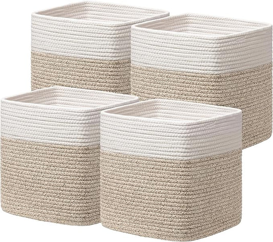 joybest 13x13x13inch Cube Storage Bins Set of 4, Cotton Rope Woven Organizer Basket for Shelves, Cube Bin Square Shelves Organizer Closet Storage, Nursery, Toy Organization, Brown&White