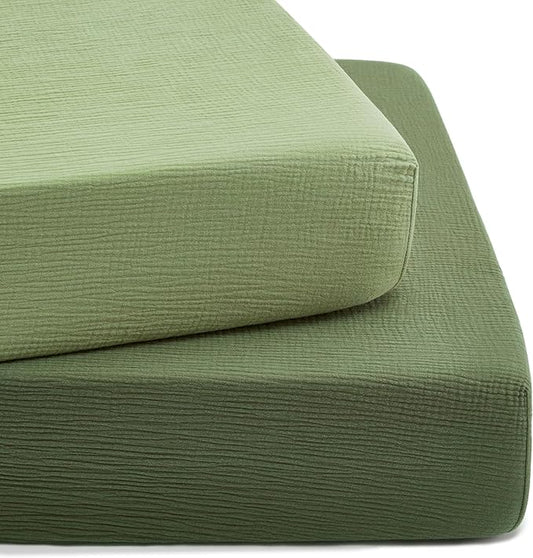 TILLYOU 2 Pack Muslin Crib Sheet for Boys and Girls - 100% Cotton Fitted Crib Sheet for Toddler Standard Crib Mattress, Soft and Breathable, 52"x28", Forest Green&Light Green