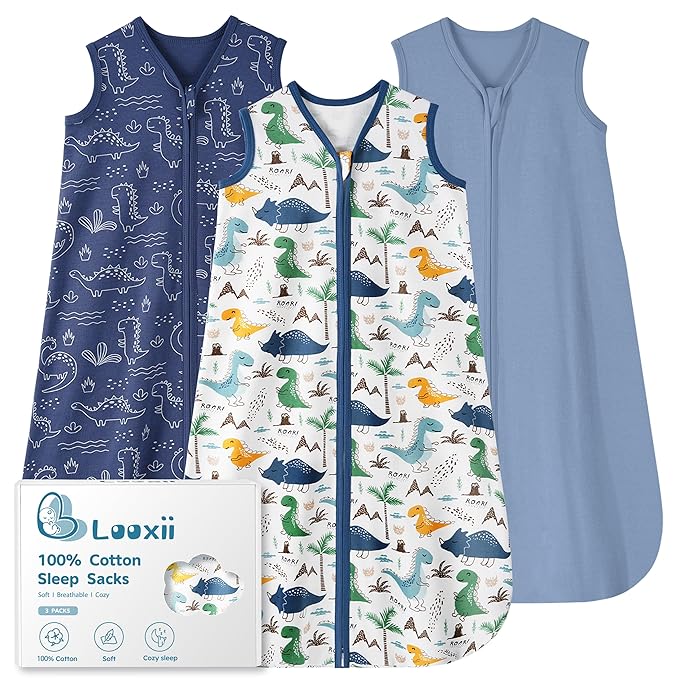 Looxii Baby Sleep Sack 0.5 TOG, 100% Cotton 3 Pack Wearable Blanket Baby Sleep Bag for Newborn Infant, 2-Way Zipper Lightweight Toddler Sleeping Sack 12-18 Months