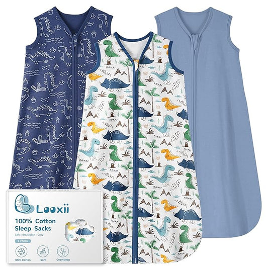 Looxii Baby Sleep Sack 0.5 TOG, 100% Cotton 3 Pack Wearable Blanket Baby Sleep Bag for Newborn Infant, 2-Way Zipper Lightweight Toddler Sleeping Sack 6-12 Months