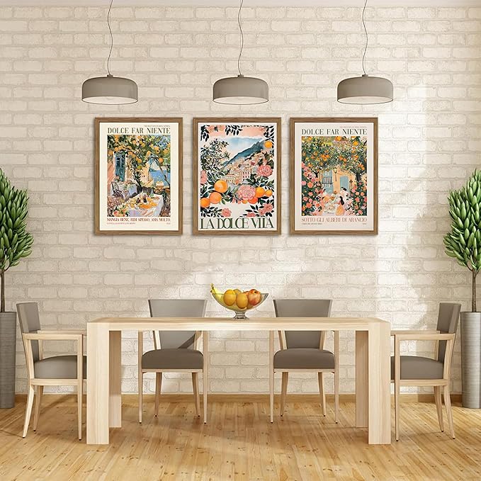 Framed Italian Scenery Wall Art Set of 3, Amalfi Coast Kitchen Wall Art, Vintage City Landscape Canvas Print, Trendy Italian Food Pictures Artwork for Living Room Dining Room – 12x16 inch