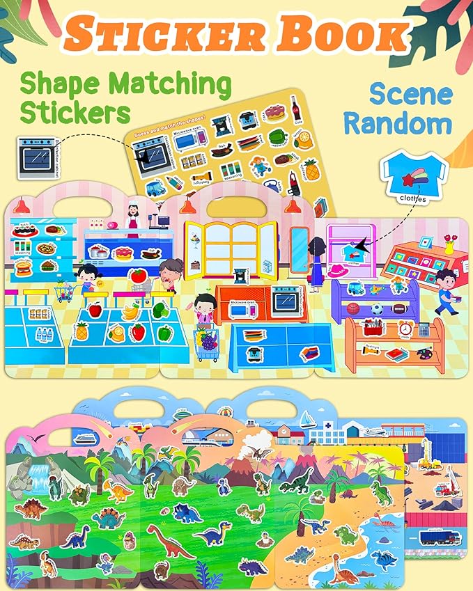 Benresive Reusable Sticker Books for Toddlers, 3 Sets Travel Stickers for Kids, Toddler Sticker Book, Crafts Activities for Toddlers, 3 and Up Birthday Gifts Travel Toys