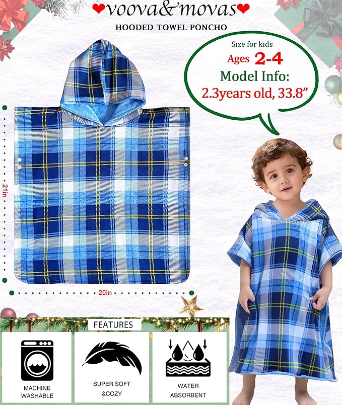VOOVA & MOVAS Double-Layered Baby Hooded Towel Poncho (2-4 Years, 20x21 Inches) | Ultra Soft & Absorbent Cotton | Thick Toddler Bath Towel for Swimming, Beach, Shower & Winter, Blue Bufflo