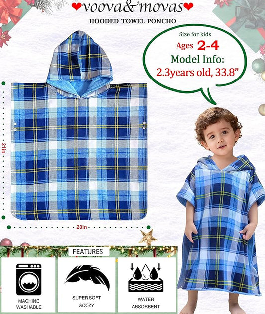 VOOVA & MOVAS Double-Layered Baby Hooded Towel Poncho (2-4 Years, 20x21 Inches) | Ultra Soft & Absorbent Cotton | Thick Toddler Bath Towel for Swimming, Beach, Shower & Winter, Blue Bufflo