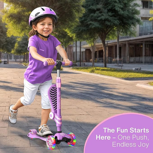 Purple 3 Wheel Scooter with Seat for Kids, Light-Up Wheels, Adjustable Lean to Steer Handlebar and Seat, Smooth Wheels, Wide No-Slip Deck, Rear Foot Brake, Toddler Outdoor Toys for Ages 2+