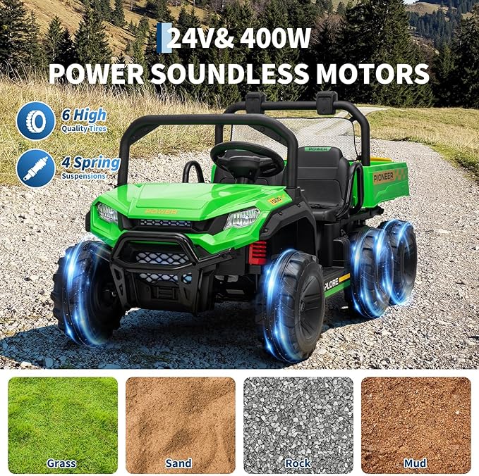 24V 4WD Electric Dump Truck for Kids, 2 Seater Remote Control Ride On Car with Dump Bed, All Terrain Vehicle Toy for Boys & Girls 3-8 Years Old, Green
