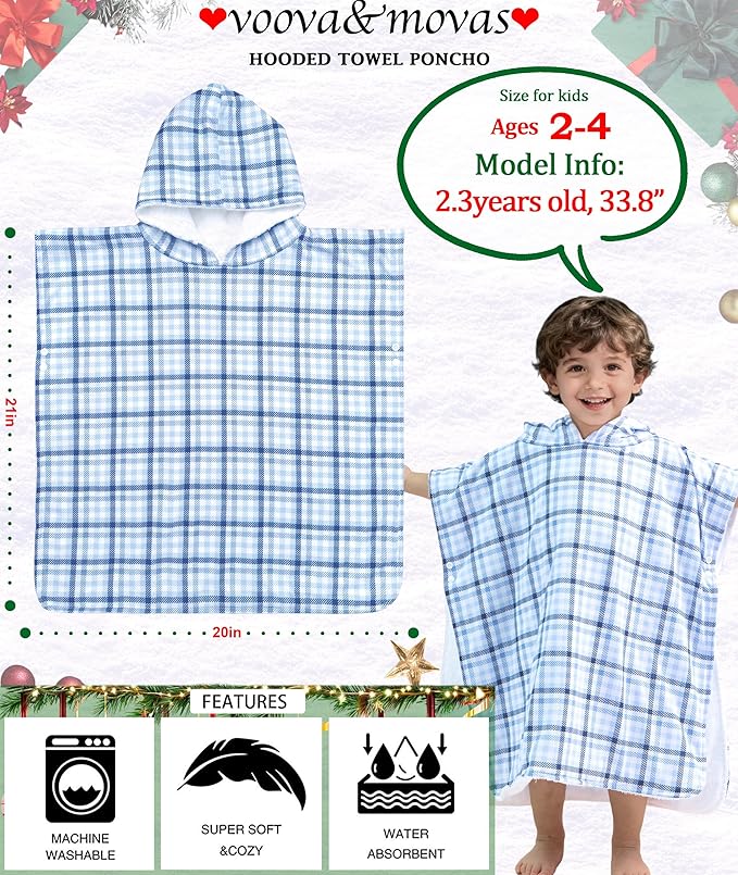 VOOVA & MOVAS Double-Layered Baby Hooded Towel Poncho (2-4 Years, 20x21 Inches) | Ultra Soft & Absorbent Cotton | Thick Toddler Bath Towel for Swimming, Beach, Shower & Winter, Blue Check