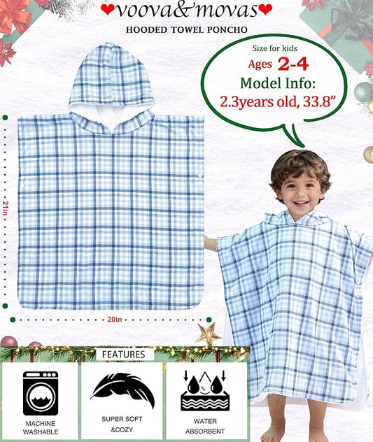 VOOVA & MOVAS Double-Layered Baby Hooded Towel Poncho (2-4 Years, 20x21 Inches) | Ultra Soft & Absorbent Cotton | Thick Toddler Bath Towel for Swimming, Beach, Shower & Winter, Blue Check