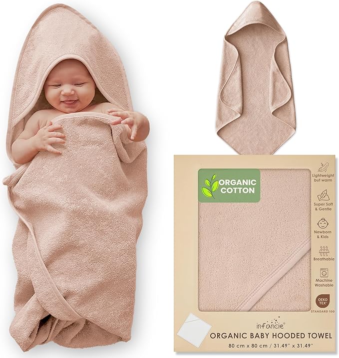 Organic Cotton Plush Woven Hooded Baby Towels, 31x31 Inches, Plush Bath Towels with Hood for Newborns and Kids, Girls & Boys (Sand, 31.4" L x 31.4" W)