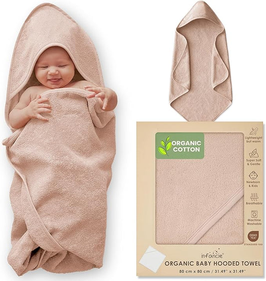 Organic Cotton Plush Woven Hooded Baby Towels, 31x31 Inches, Plush Bath Towels with Hood for Newborns and Kids, Girls & Boys (Sand, 31.4" L x 31.4" W)