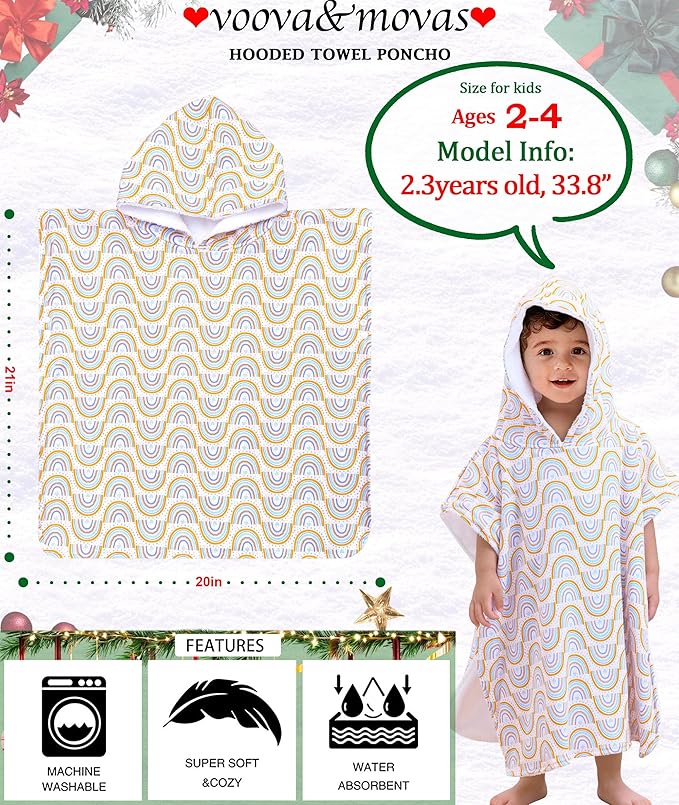 VOOVA & MOVAS Double-Layered Toddler Poncho Towel with Hood (2-4 Years, 20x21 Inches) | Ultra Soft & Absorbent Cotton | Thick Baby Bath Towel for Swimming, Beach, Shower & Winter, Rainbow