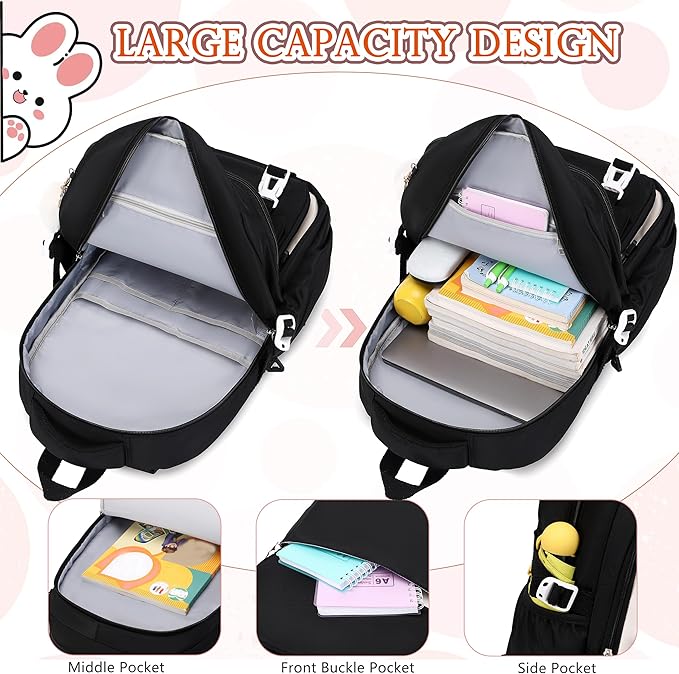 AO ALI VICTORY Backpack for Girls 3 PCS Cute School Backpacks Elementary Kids Book Bag with Lunch Box Pencil Case Set Laptop College Travel Back Pack Large Bookbags for Girl Teens Women Student Black