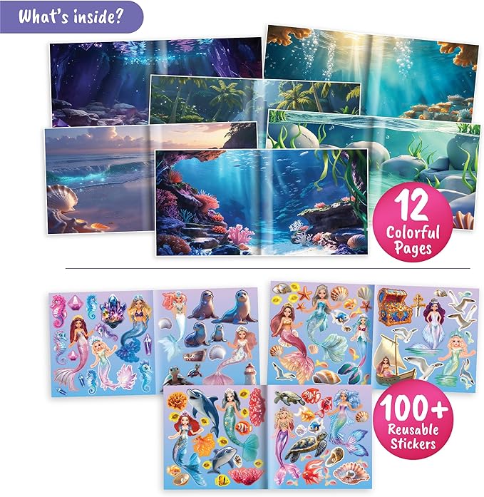 BSCOOL Mermaid Kingdom Reusable Sticker Book, 100+ Stickers, Underwater Fantasy Activity Book - Mermaid Sticker Dress Up for Girls Ages 4-6. Airplane Stickers Book for Toddlers. Christmas Gift