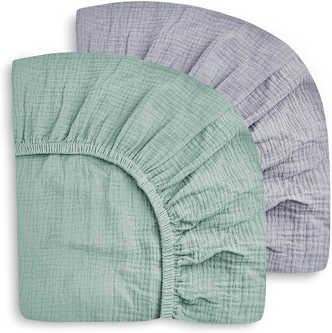 SWEET DOLPHIN 2-Pack Muslin Crib Sheets for Boys & Girls, Ultra Soft Breathable 40S Long-Staple Cotton Fitted Baby Sheets for Standard Crib Mattress 52"x28", Green and Grey- Nursery Essentials