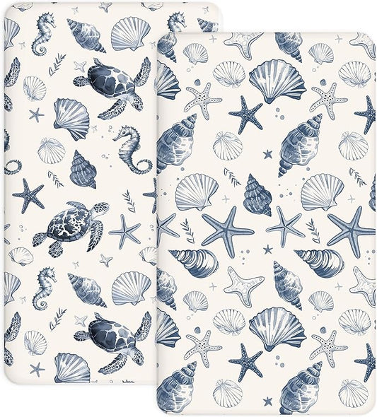 Pack and Play Sheets 2 Pack, Fitted Jersey Knit Mini Crib Sheets for Baby Boys and Girls, Compatible with Graco Pack N Play and Mini Crib Mattress (Deep Blue, Pack N Play/Mini Crib Sheets)