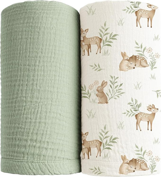 Konssy Muslin Swaddle Blankets for Girls Boys 2 Pack, 100% Cotton Receiving Baby Blanket Large 47 x 47 inches, Soft Breathable Swaddling Wrap for Unisex Newborn (Woodland,Sage)
