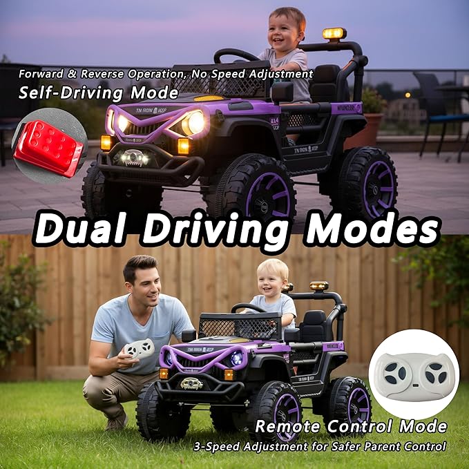 12V Kids Ride On Jeep-Style Car with Remote Control, Bluetooth Music & Stories, LED Headlights, Shock Absorption, Double Doors with Lock, Safe Speed, Battery Powered Electric Vehicle for Boys & Girls