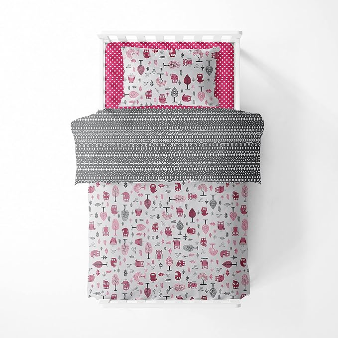Bacati Owls Girls Cotton 4 Pc Toddler Bedding Set, Pink/Grey