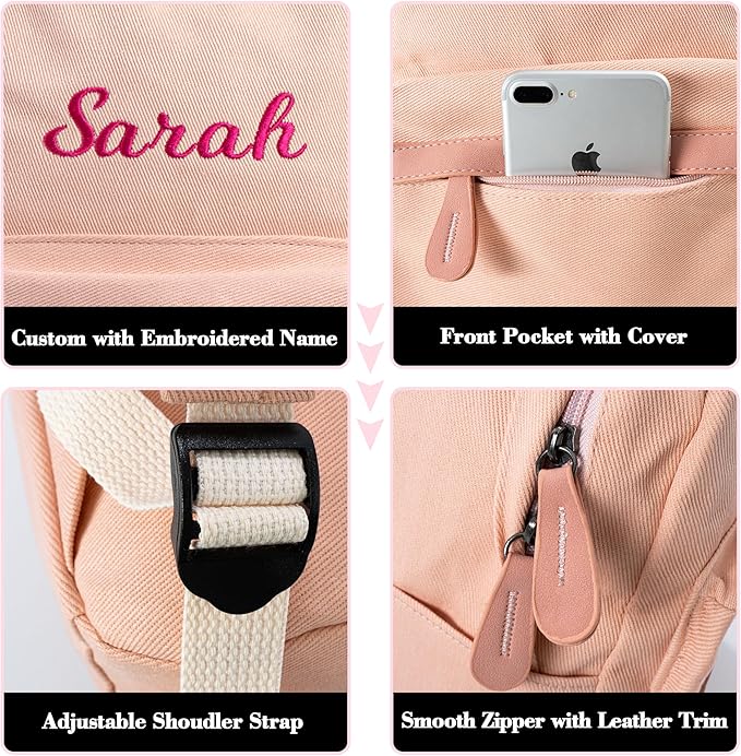 MT WORLD Daycare Backpack - Personalized Canvas Backpack with Name - Classic 12inch Daypack with Back Pocket - Custom Daycare Diapering Bag for Overnight Travel Birthday Gifts (Peach, Medium)