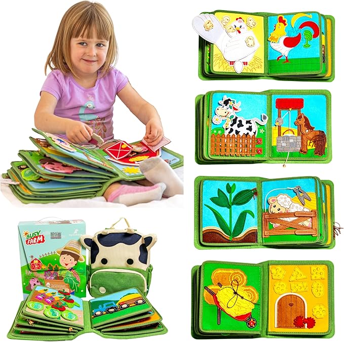 Montessori Busy Farm Book & Backpack Bundle, Interactive Quiet Book for Toddlers & Preschoolers, Educational Early Learning Travel Toy with Waterproof Backpack, Back-to-School Gift