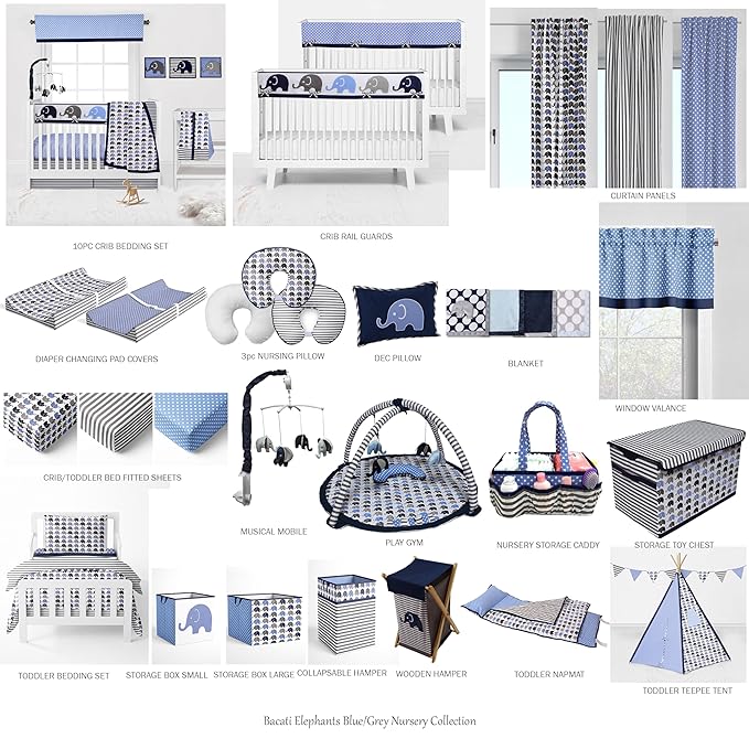 Bacati - Elephants Blue/Grey 4 Pc Toddler Bedding Set 100 Percent Cotton Includes Reversible Comforter, Fitted Sheet, Top Sheet, and Pillow Case for Boys