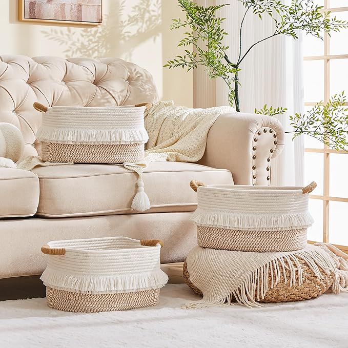 BUBUSUN Storage Bins Woven Baskets for Storage Set of 3, Cotton Rope Basket with Handles for Toys/Shelves/Laundry, Rectangle Multi-Purpose Organizer for Living Room, Bedroom, Nursery (White/Brown)