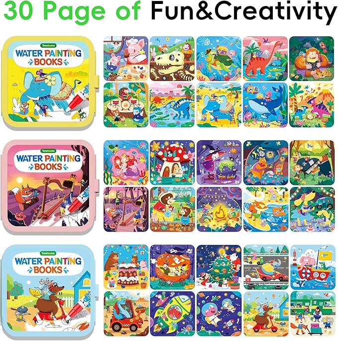 Timetome Reusable Water Painting Book for Kids - 3 Pack Magic Watercolor Books with Water Pen Fairy Tale, Animal & Dinosaur Themes | No Mess Paint & Reusable Fun for Ages 3+