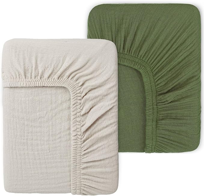 Muslin Fitted Crib Sheets for Girls & Boys-2 Pack 28"x 52" Soft Baby Mattress Sheet-No Slip Boho Neutral Breathable Toddler Cotton Bedding Olive Green & Beige