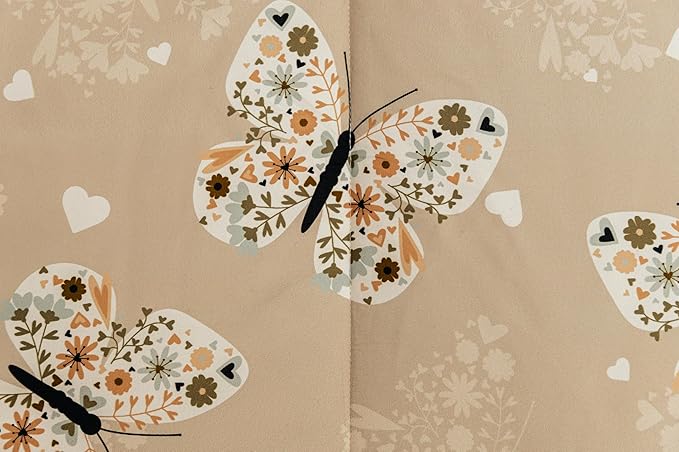 Beddy's Butterfly Themed Durable Zipper Bedding for Kids, Bed in a Bag, Beige Sheets & Comforter with Butterflies, Hearts & Floral Design, Includes Pillowcase & Pillow Sham, Easy to Make & Wash