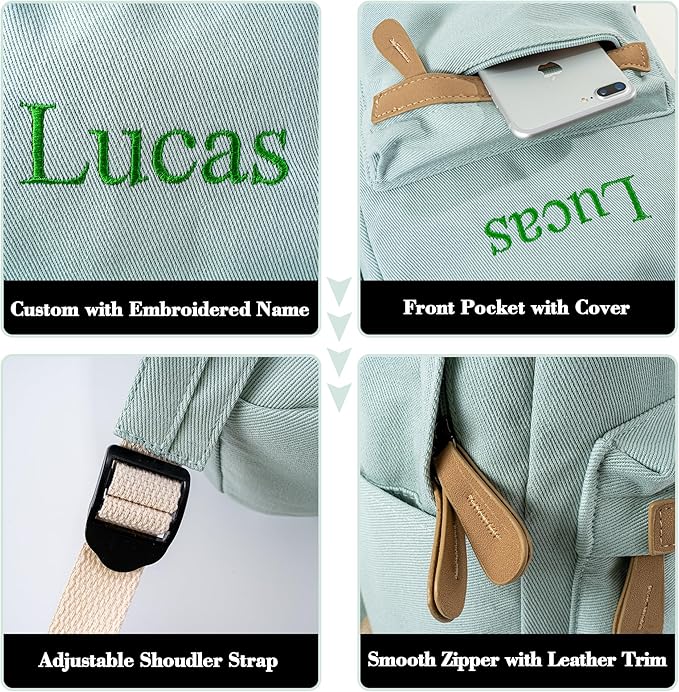 MT WORLD Daycare Backpack - Personalized Canvas Backpack with Name - Classic 12inch Daypack with Back Pocket - Custom Daycare Diapering Bag for Overnight Travel Birthday Gifts (Lake Green, Medium)
