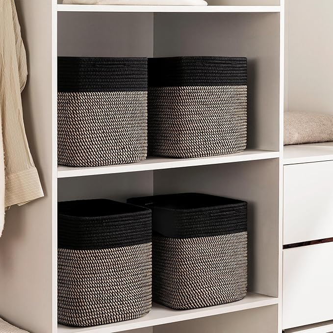 joybest 11inch Cube Storage Bins Set of 4, Cotton Rope Woven Organizer Basket for Shelves, Cube Bin Square Shelves Organizer Closet Storage, Nursery, Toy Organization, Black&Dark Brown