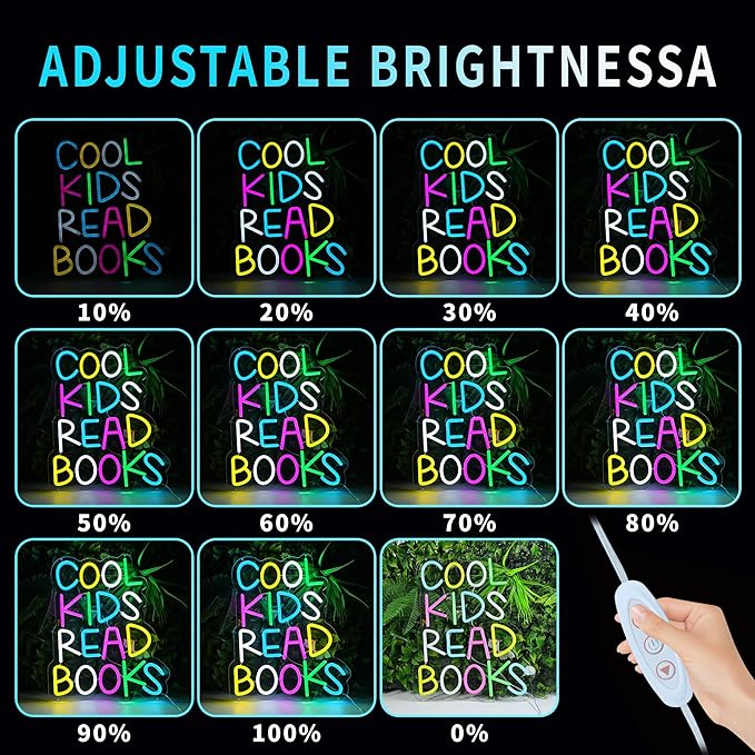 Enuoli Cool Kids Read Books Neon Sign Wall Decor Letter LED Neon Lights Light Up Signs For Kids' Room Dimmable Positive Affirmation LED Neon Light Sign Home Library Wall Art Decor
